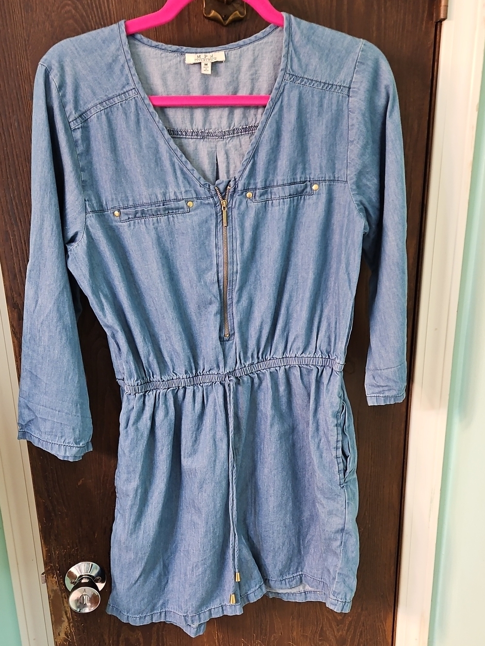 Light Wash Denim Romper with Front Zip by M.P.H.